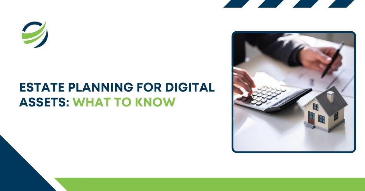 Person using a calculator beside a model house, representing estate planning for digital assets with highlighted text 'What to Know