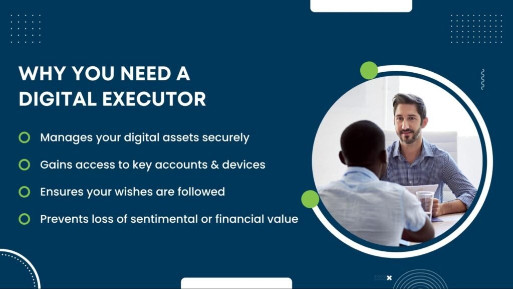 Two people in a meeting discussing the importance of appointing a digital executor with a list of key benefits displayed.