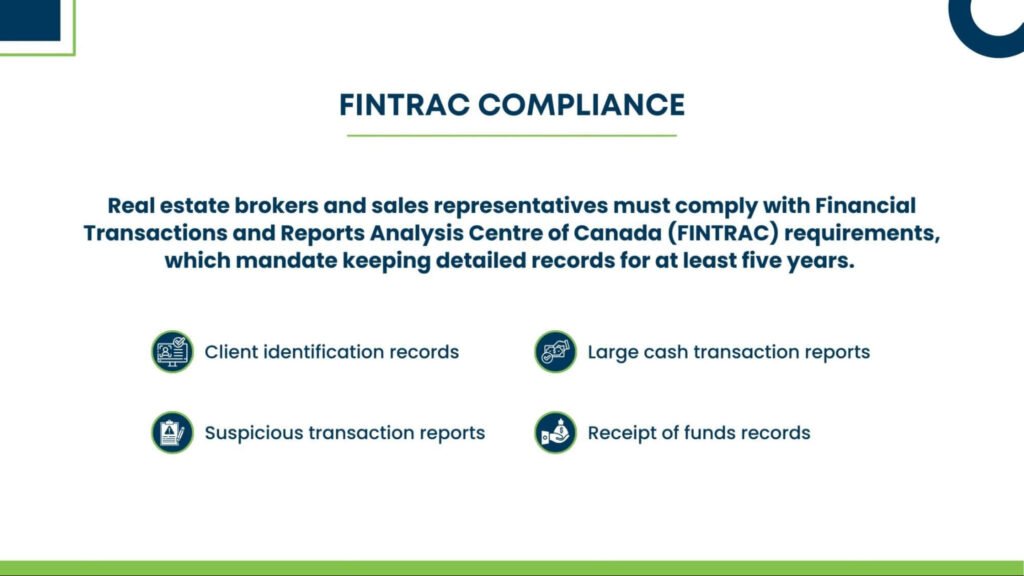 fintrac_compliance - NCS Canada A slide explaining FINTRAC compliance for real estate brokers, highlighting required record-keeping for at least five years.