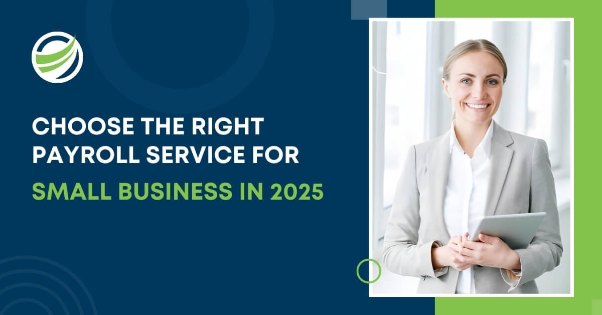 Small business payroll service guide for 2025, featuring a professional woman holding a tablet.